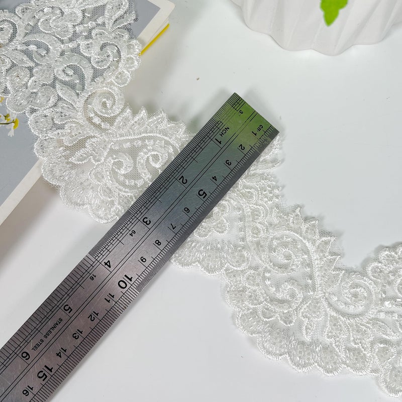 VIRFONOR 2yard Embroidered Lace Trim with Sequins and Beads,Floral Lace AppliquÃ© Ribbon for Wedding Dresses, Gowns, Headpieces, DIY Sewing Crafts (Pattern C) - Image 5