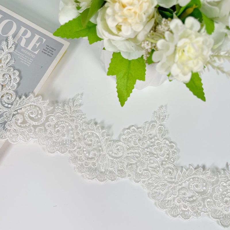 VIRFONOR 2yard Embroidered Lace Trim with Sequins and Beads,Floral Lace AppliquÃ© Ribbon for Wedding Dresses, Gowns, Headpieces, DIY Sewing Crafts (Pattern C) - Image 1