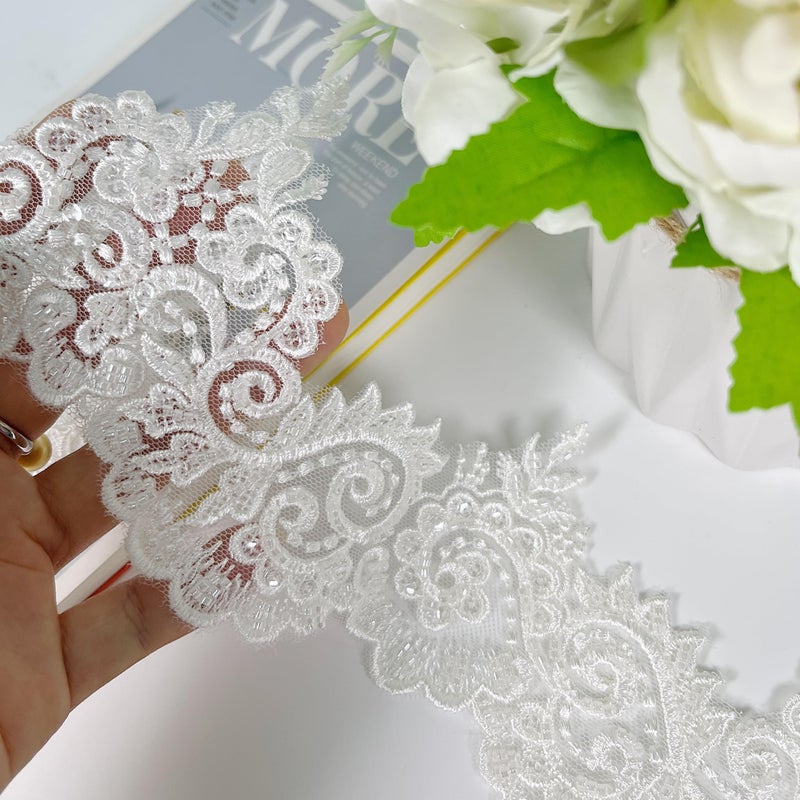 VIRFONOR 2yard Embroidered Lace Trim with Sequins and Beads,Floral Lace AppliquÃ© Ribbon for Wedding Dresses, Gowns, Headpieces, DIY Sewing Crafts (Pattern C) - Image 3