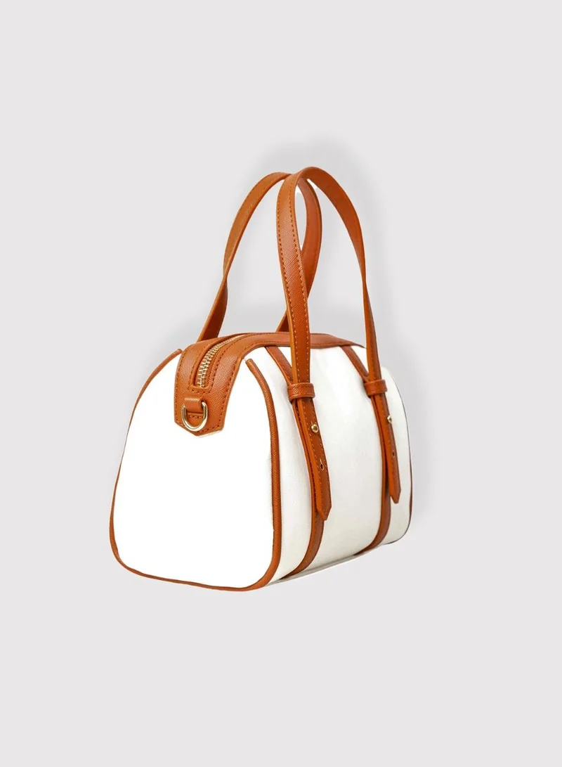 AMICA Gia Women Mini Barrel Crossbody Shoulder Handbag with Adjustable Strap- White & Tan
