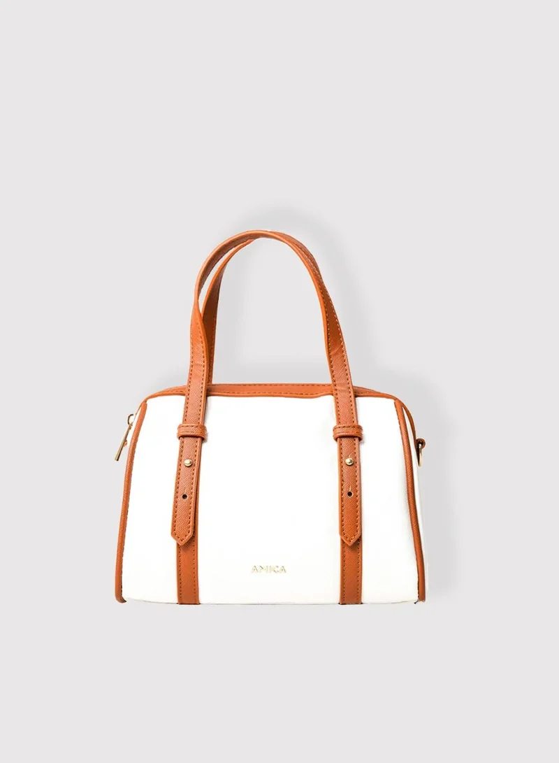 AMICA Gia Women Mini Barrel Crossbody Shoulder Handbag with Adjustable Strap- White & Tan
