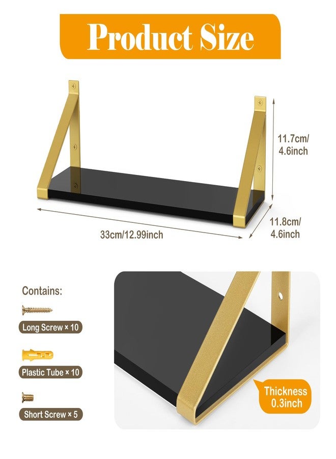 Cilinta Gold Black Floating Shelves Wall Mounted Set of 2, 8mm Transparent Acrylic, Invisible Wall Shelves for Bedroom, Living Room, Bathroom, Kitchen, Office Display Decor (13in) - Image 2