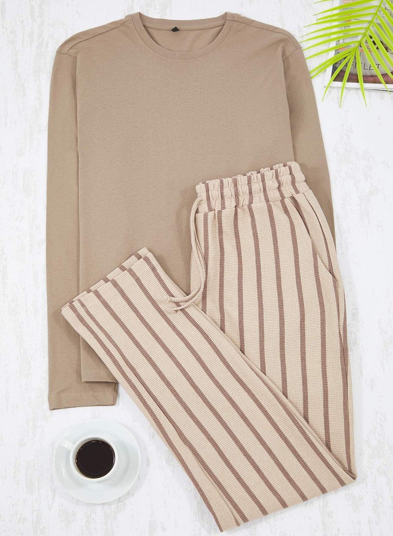 trendyol Beige Regular Fit Striped Textured Knitted Pajamas Set Tmnaw26Pt00006 - Image 5