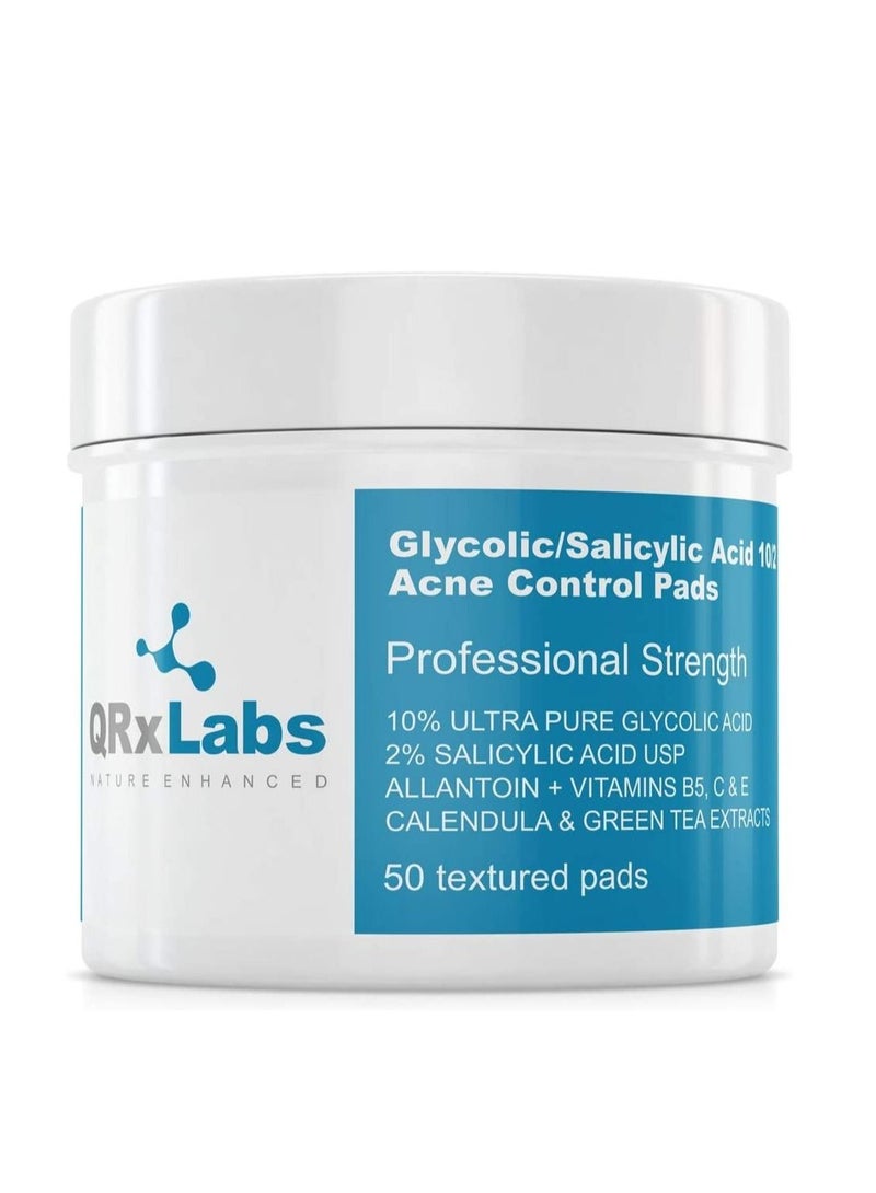 Glycolic Salicylic Acid 10/2 Acne Control Pads with 10% Ultra Pure Glycolic Acid And Salicylic Acid USP Allantoin Vitamins B5 C and E Calendula & Green Tea