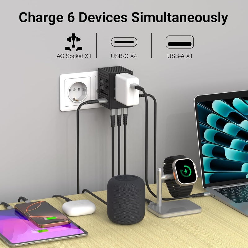 لوف نوف محول سفر عالمي بقدرة 35 واط، محول قابس شامل لجميع أنحاء العالم مع 4 منافذ USB-C ومنفذ USB-A واحد، شحن سريع PD، يغطي أكثر من 200 دولة بما في ذلك المملكة المتحدة والاتحاد الأوروبي والولايات المتحدة وأستراليا (أسود - 35 واط) - Image 3