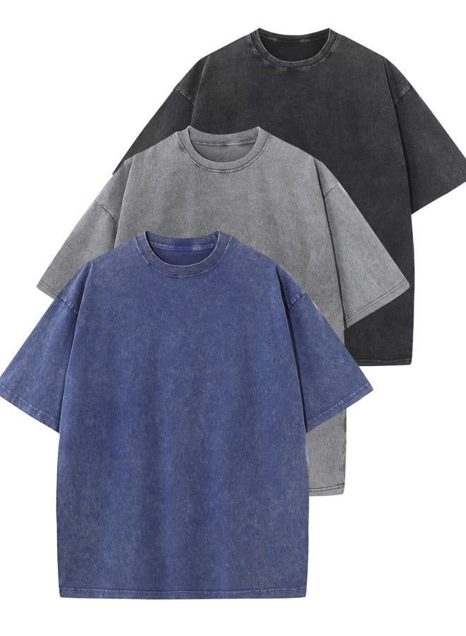 Arssm 3 Pack Men Oversized T Shirts Vintage Tee Loose Fit Short Sleeve Casual Streetwear Baggy Washed Unisex Tops, Black+grey+blue, 3XL - Image 1