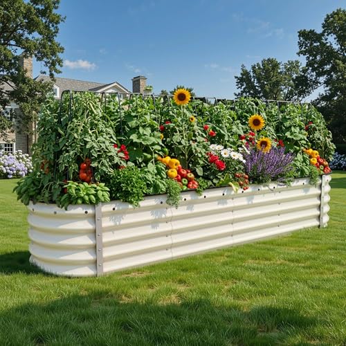 YITAHOME 8x2x1.5ft Raised Garden Bed Kit, 17" Tall 9 in 1 Large Galvanized Metal Planter Box with Gloves & Safety Rubber, Outdoor Flower Bed for Plants Vegetables Flowers, Cream Yellow - Image 1
