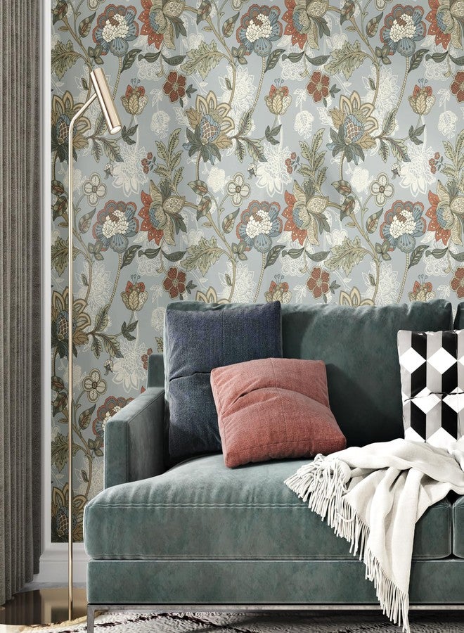 WESTICK ورق حائط WESTACK أزرق رمادي مزهر قابل للتقشير واللصق، ورق حائط فينيل ذاتي اللصق بتصميم زهور بوهو، ورق حائط شعبي بتصميم ميدالية عتيقة لغرفة الغسيل، جدران غرفة النوم، مقاس 17.5 بوصة × 100 بوصة - Image 4