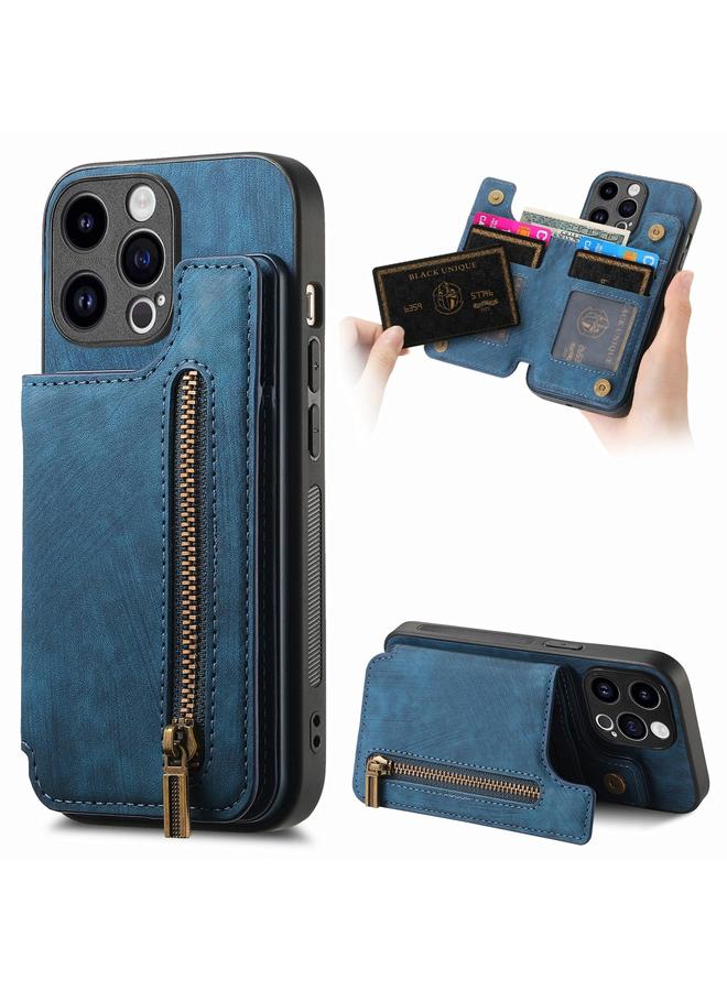 Green Tiger For iPhone 12 Pro Retro Leather Zipper Wallet Back Phone Case(Blue)