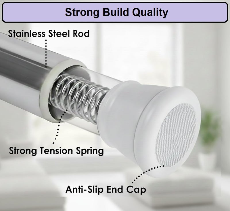 Swaze Drill-Free Adjustable Curtain Rod – Extendable rod for Curtains, Shower, Windows & Clothes Hanging | No Drill Shower Rod | Self Adjust Curtain Pipe, Steel Telescopic Stand (800mm-1400mm RB) - Image 2