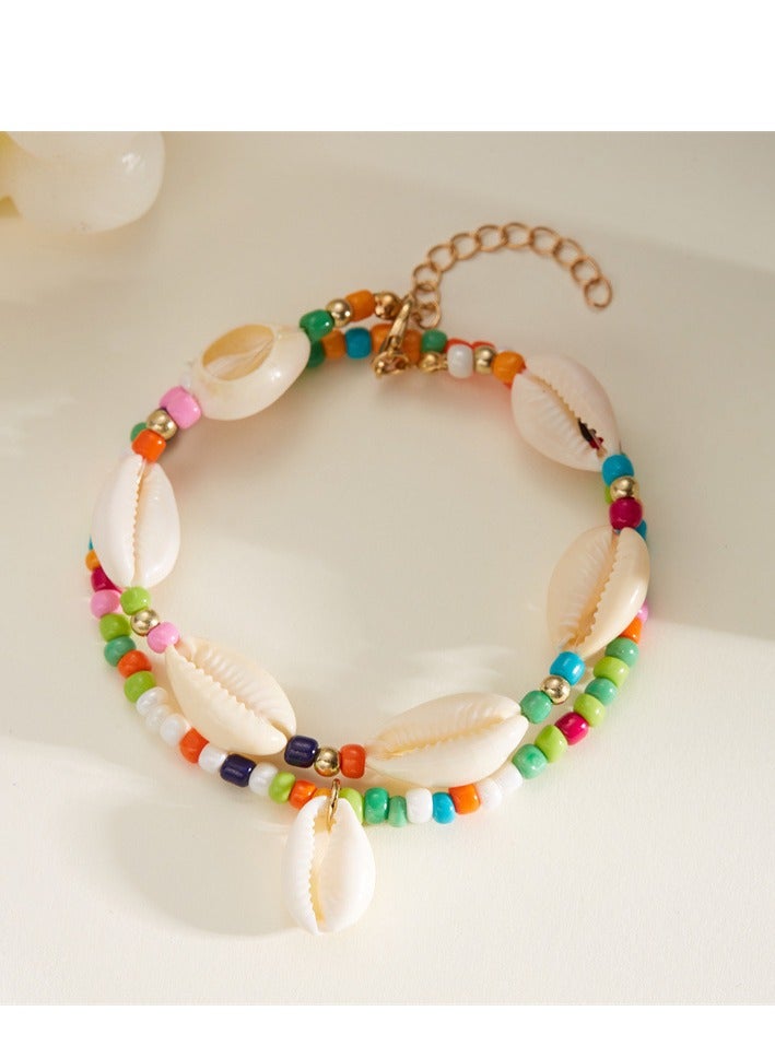 Bohemian style layered shell ankle chain for girls, high-end feeling, summer beach, rice bead shell ankle chain - Image 1