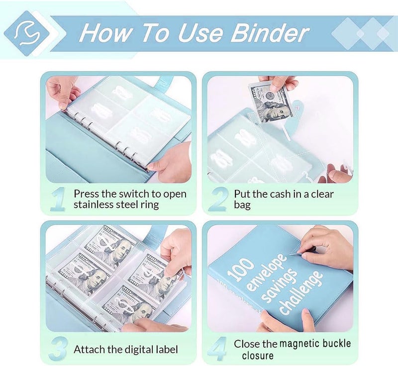 AASLOB 100 Envelopes Money Saving Challenge, 100 Envelope Challenge Binder, Easy and Fun Way to Save $5,050, Savings Challenges Budget Book Binder with Cash Envelopes for Office,Home,School (Blue) - Image 3