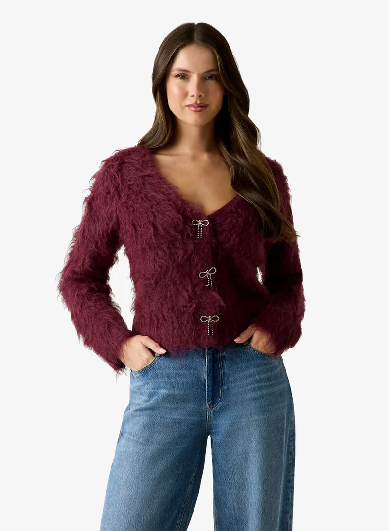 جس Long Sleeve V-Neck Tomiko Bow Button Cardi