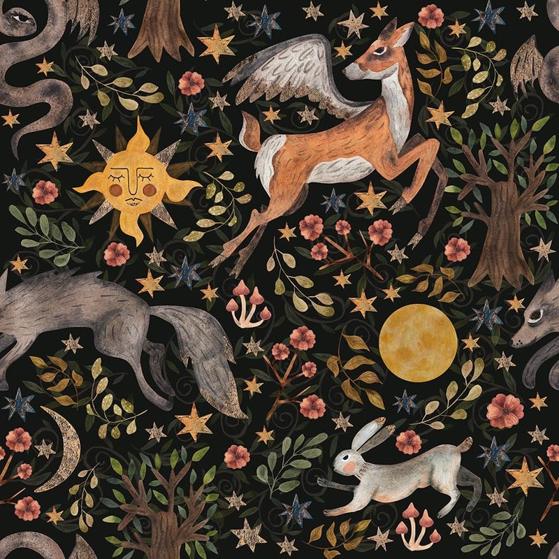 MuralPeel Dark Black Animals Sun Moon Wolf Rabbit Vintage Peel and Stick Wallpaper Self Adhesive Removable Easy Peel Off Contact Paper Stick on Wall Paper for Bedroom Cabinet Renter Friendly