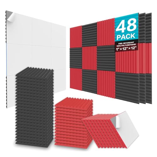 JBER 48 Pack Acoustic Foam Panels 1 X 12 X 12 Upgraded SelfAdhesive Studio Soundproofing Wedges Fire Resistant Sound Proof Padding Acoustic Treatment Foam Black Red