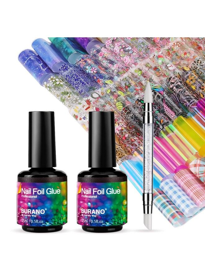 BURANO Nail Art Foil Glue Gel 15Ml 2 Bottles With 70Pcs Foil Stickers Set Nail Foil Glue For Nails Designer Nail Foils Nail Art Foil Transfer Gel - Image 1