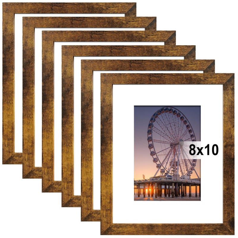 BESCRCL 8x10 إطار الصورة البني دافئ مجموعة من 6 صور عرض 5x7 مع حصيرة أو 8x10 بدون حصيرة لتركيب الجدار أو الطاولة - Image 1