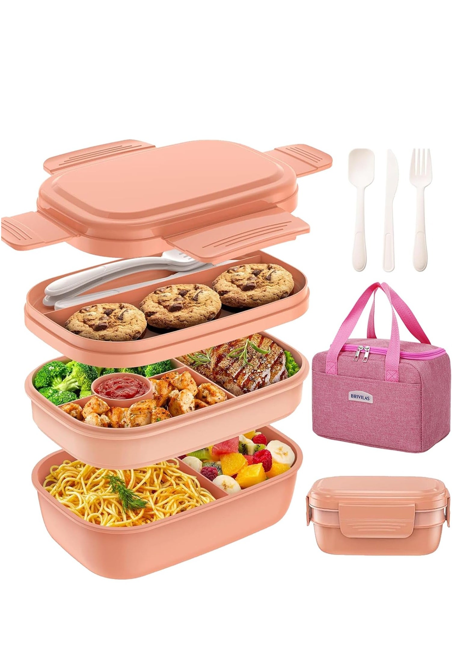 Lunch Box for Kids, 3 Layer Stackable Bento Box with Bag, Lunch Containers for Kids Adults, Lunch Box Built-in Plastic Utensil Set(Pink) 