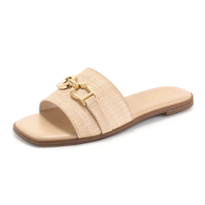 Rihero Women's Flat Sandals Comfortable Dressy Square Peep Toe Slides Slip On Beach Cute Ladies Raffia Sandals Size 8.5 - Image 1