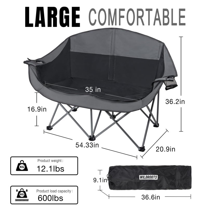 WILDROOTS Outdoor Folding Double Camping Chair Adults 2 Person,Heavy Duty 600 LBS Loveseat with 2 Cup Holder,Portable Carry Bag Included for Camping,Lawn,Backyard,Movie - Image 2
