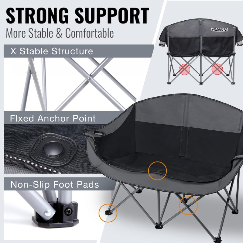 WILDROOTS Outdoor Folding Double Camping Chair Adults 2 Person,Heavy Duty 600 LBS Loveseat with 2 Cup Holder,Portable Carry Bag Included for Camping,Lawn,Backyard,Movie - Image 3