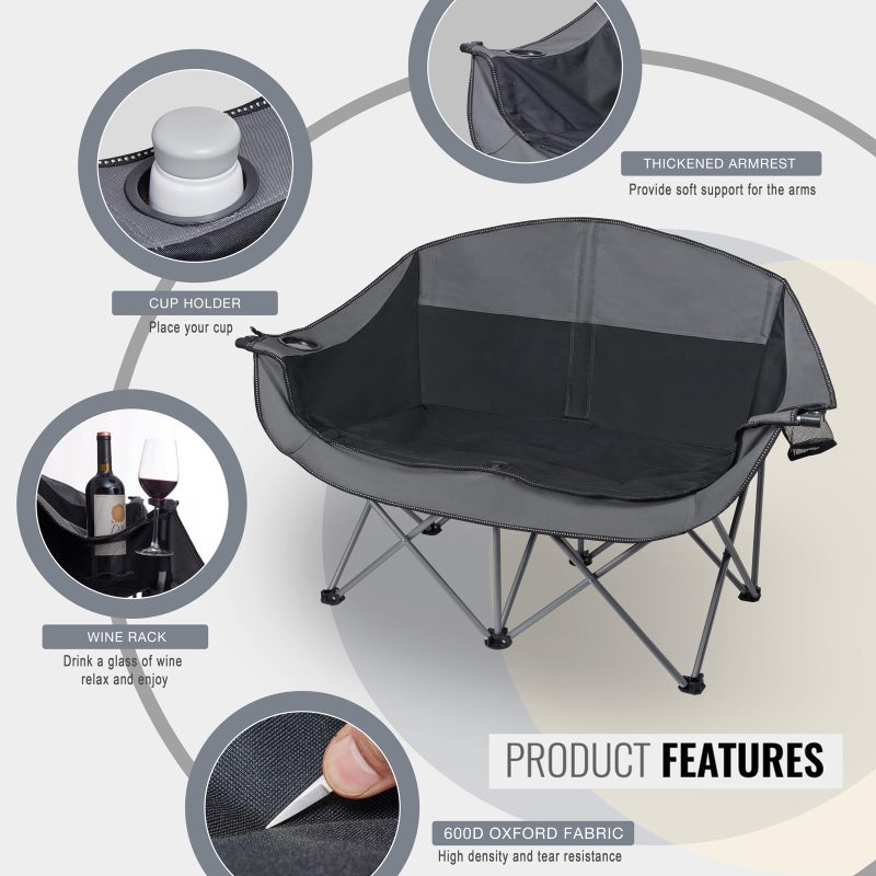 WILDROOTS Outdoor Folding Double Camping Chair Adults 2 Person,Heavy Duty 600 LBS Loveseat with 2 Cup Holder,Portable Carry Bag Included for Camping,Lawn,Backyard,Movie - Image 4