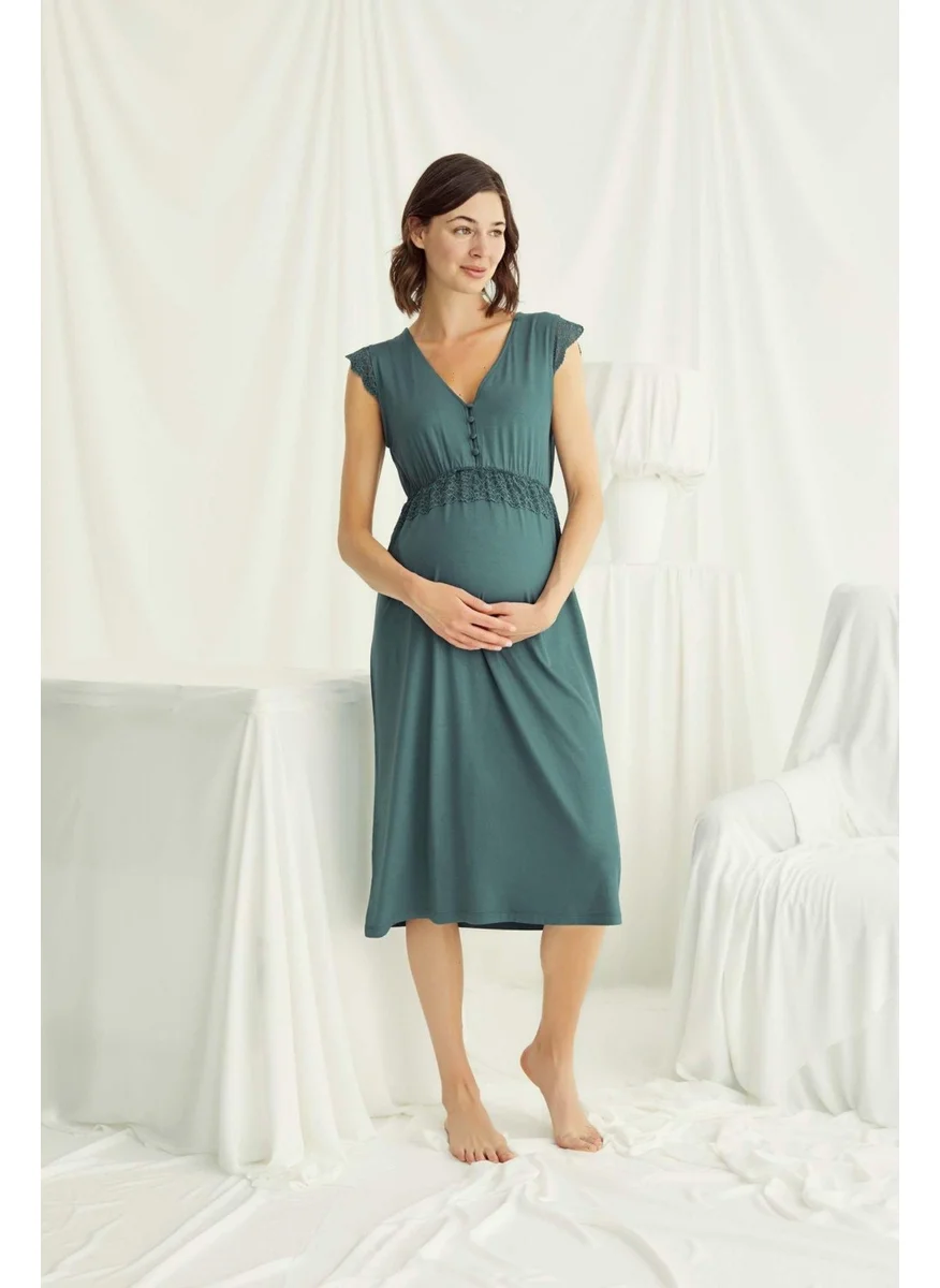 Monamise 18521 Women's Green Maternity and Postpartum Breastfeeding V-Neck Sleeveless Nightgown