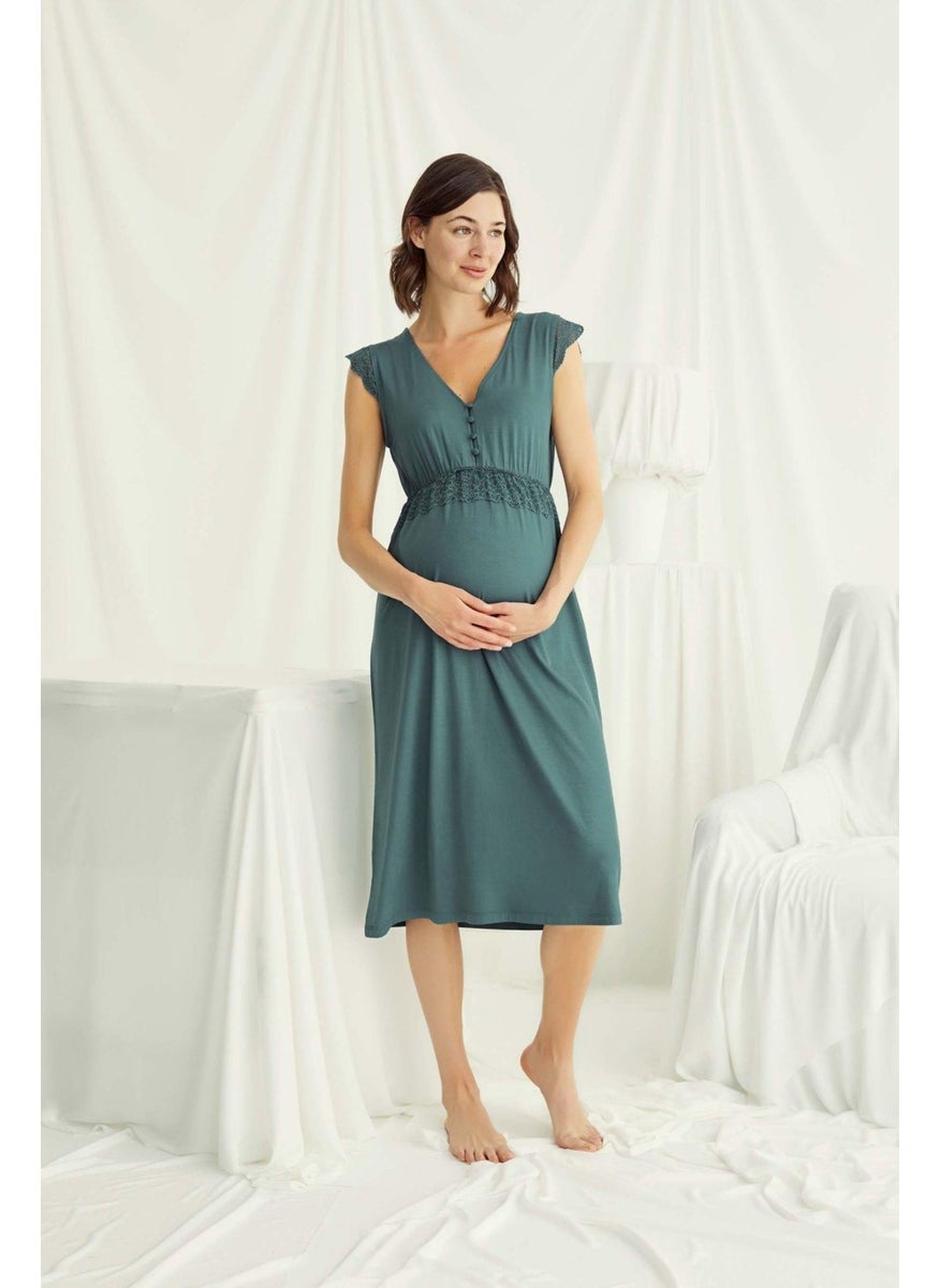 Monamise 18521 Women's Green Maternity and Postpartum Breastfeeding V-Neck Sleeveless Nightgown 