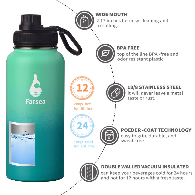 Farsea Insulated Water Bottle With Paracord Handle  Protective Silicone Boot and 2 Lids (Straw Lid & Spout Lid)  Stainless Steel Water Bottle Wide Mouth  Double Wall Sweat-Proof BPA-Free  32 oz - Image 2
