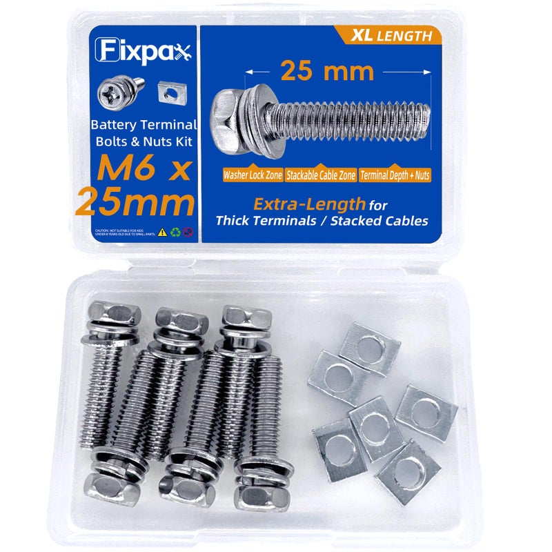 Fixpax 12 Pack M6 x 25mm Extra Long Motorcycle Battery Terminal Bolts and Nuts Kit Stainless Steel Bolts with Rectangular Nuts for Extended Thread Jet Ski ATV Generator Battery Terminal Replacement - Image 3