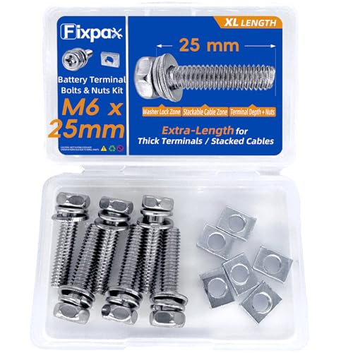 Fixpax 12 Pack M6 x 25mm Extra Long Motorcycle Battery Terminal Bolts and Nuts Kit Stainless Steel Bolts with Rectangular Nuts for Extended Thread Jet Ski ATV Generator Battery Terminal Replacement - Image 1