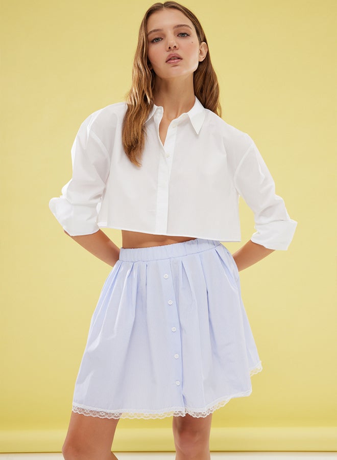 trendyol Blue Front Button and Woven Hem Lace Detail Pleated Mini Length Woven Skirt - Image 3