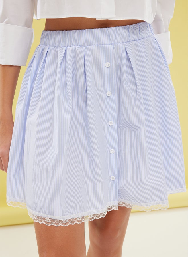 trendyol Blue Front Button and Woven Hem Lace Detail Pleated Mini Length Woven Skirt - Image 2
