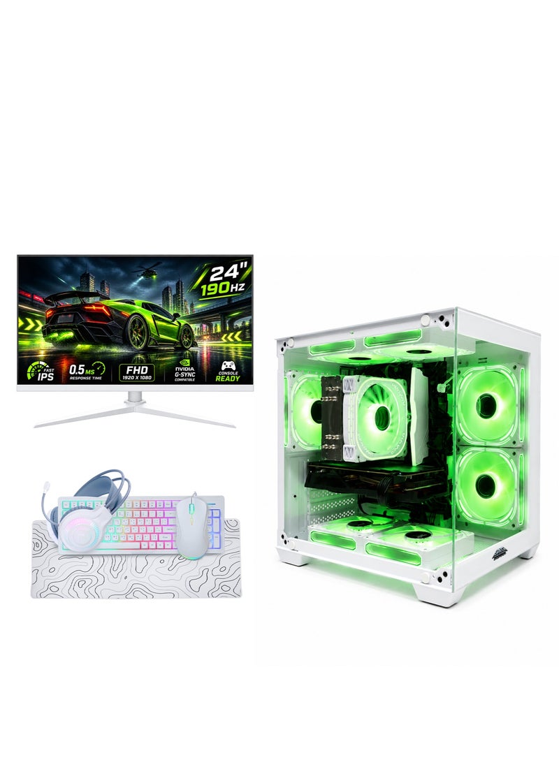 عرب جيمرز حزمة كمبيوتر ألعاب متكاملة - Intel Core i5-12400F, NVIDIA RTX 5050 8GB, 16GB RAM, 1TB NVMe SSD, شاشة FHD 190Hz مقاس 24 بوصة, أبيض - Image 1