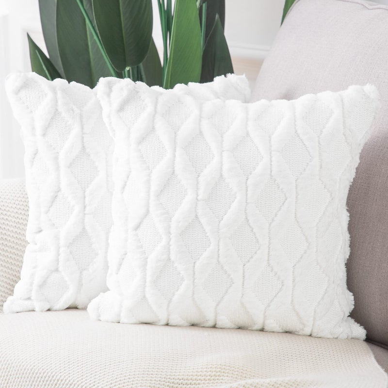 MADIZZ Set of 2 Soft Polyester Short Wool Velvet Decorative Throw Pillow Covers 24x24 inch White Square Luxury Style Cushion Cases European Pillow Shell for Sofa Bedroom - Image 1