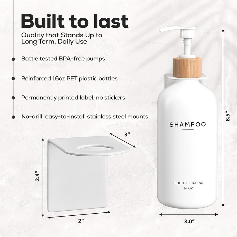 Brighter Barns White Shampoo and Conditioner Dispenser Set Wall Mounted by - Shower Dispenser 3 Chamber No Drill - Refillable Shampoo and Conditioner Bottles for Shower Wall in Airbnb, Hotel (White) - Image 3