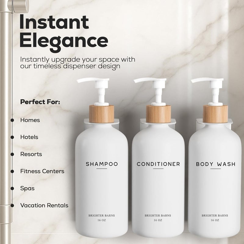 Brighter Barns White Shampoo and Conditioner Dispenser Set Wall Mounted by - Shower Dispenser 3 Chamber No Drill - Refillable Shampoo and Conditioner Bottles for Shower Wall in Airbnb, Hotel (White) - Image 2
