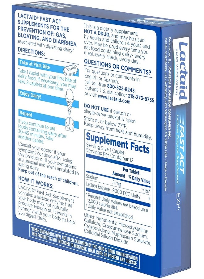 Lactaid - Lactaid Fast Act Lactose Intolerance Relief Caplets with Lactase Enzyme, 12 Travel Packs of 1-ct. - Image 1
