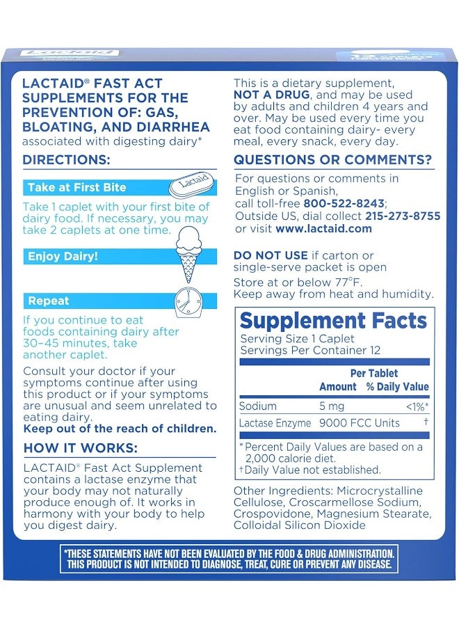 Lactaid - Lactaid Fast Act Lactose Intolerance Relief Caplets with Lactase Enzyme, 12 Travel Packs of 1-ct. - Image 1