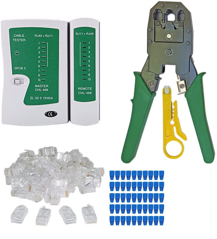 Inditrust RJ-11 6P/RJ-12 8P/RJ-45 Crimp crimping tool, 1 Network Cable Tester, Cut and Strip Tool WITH 50PCS RJ45 CAT5 CAT5e Cat6 Connectors, 50PCS strain relief connector Boot Covers - Image 1