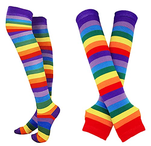 Bienvenu Rainbow Stripe Fingerless Gloves Arm Warmer Knee Thigh High Socks,Rainbow - Image 1