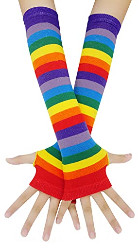 Bienvenu Rainbow Stripe Fingerless Gloves Arm Warmer Knee Thigh High Socks,Rainbow - Image 2