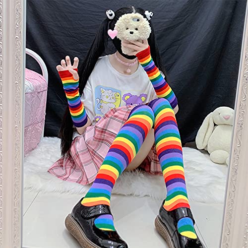 Bienvenu Rainbow Stripe Fingerless Gloves Arm Warmer Knee Thigh High Socks,Rainbow - Image 3