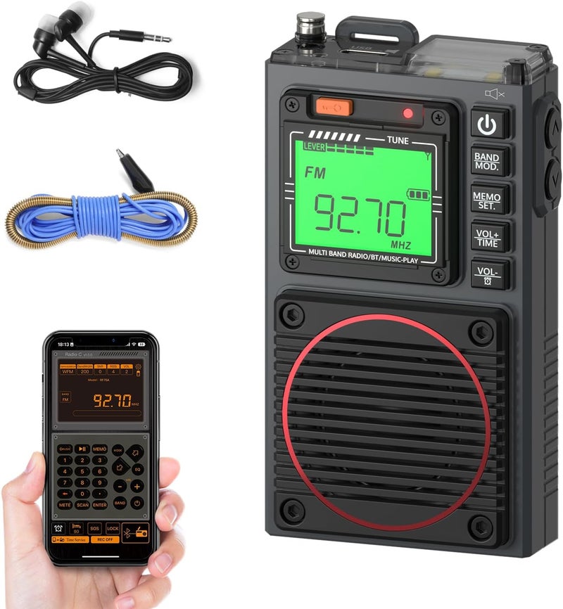 راديو الموجات القصيرة Raddy RF75A مع التحكم عبر التطبيق، راديو محمول AM/FM/VHF/SW/WB راديو الطقس، راديو جيب قابل لإعادة الشحن مع هوائي سلكي بطول 9.85 قدم طرق استخدام متعددة - Image 1