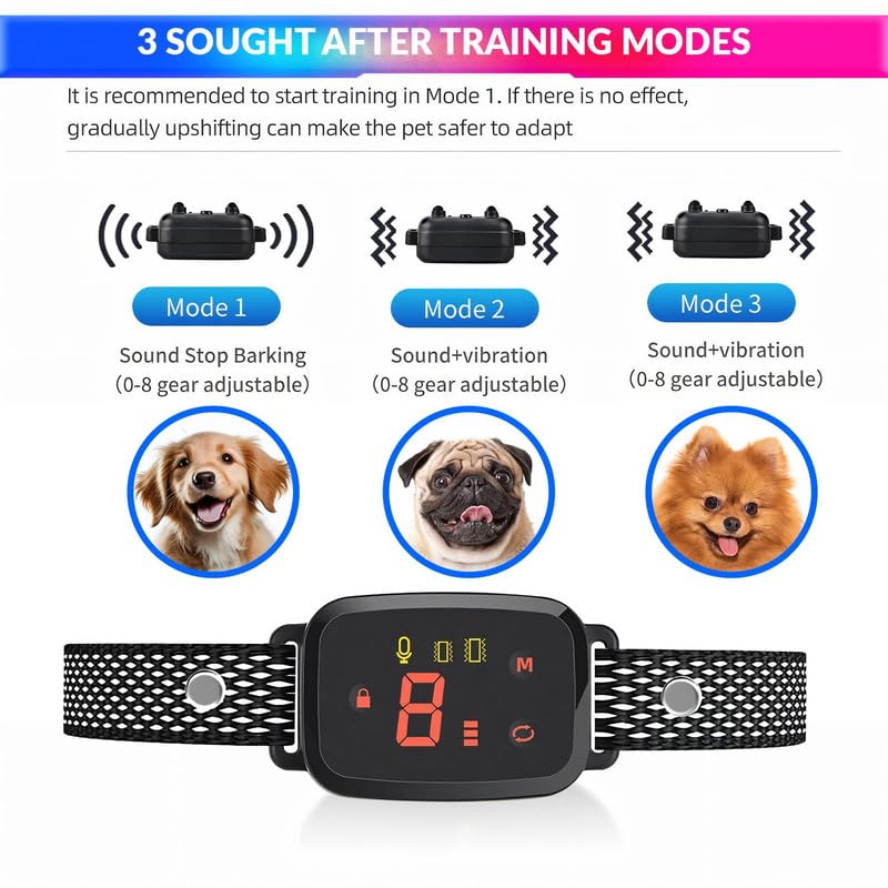amiciCare Automatic Anti-Barking Dog Collar, Rechargeable Dog Training Collar with 3 Modes and 8 Sensitivity Level - Image 3