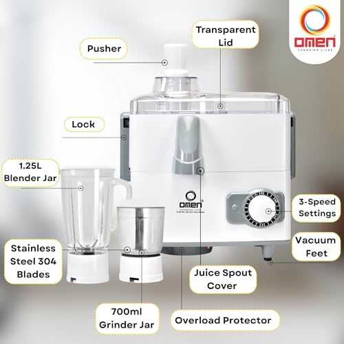 Omen Changing Lives Hurricane Juicer Mixer Grinder | 2 Jars for Chutney, Dry & Liquidizing | Powerful 550W Motor | Durable Stainless Steel Blades & Transparent Lids | White | 2-Year Warranty - Image 4