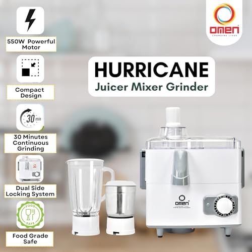 Omen Changing Lives Hurricane Juicer Mixer Grinder | 2 Jars for Chutney, Dry & Liquidizing | Powerful 550W Motor | Durable Stainless Steel Blades & Transparent Lids | White | 2-Year Warranty - Image 2