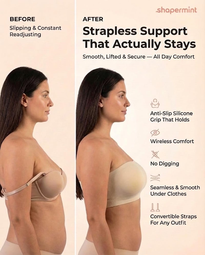 SHAPERMINT Strapless Bras for Women - Bandeau Bra, Small to Plus Size Bras for Women, Strapless Top Beige - Image 5