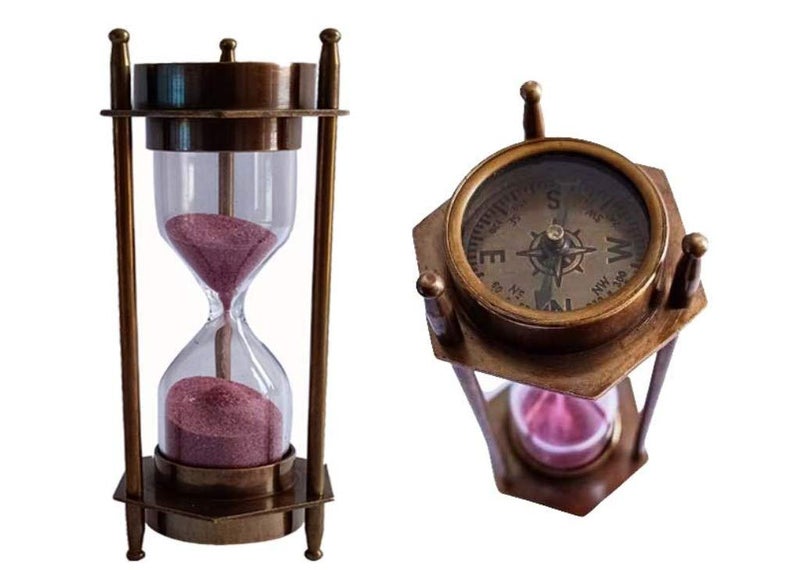 THOR INSTRUMENTS 5 Decorative Brass Sand Timer Hourglass with Antique Maritime Brass Compass Rustic Vintage Home Decor Gifts 
