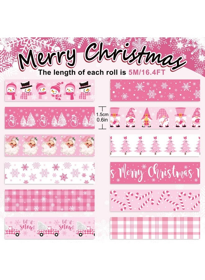 Whaline 12 Rolls Pink Christmas Washi Tape Winter Snowflake Santa Xmas Tree Washi Tape Christmas Holiday Pink Decorative Masking Tape Assortment For Scrapbook Journal Diy Crafts Gift Wrapping - Image 2